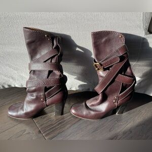 Chloe mid calf brown wrap around strap buckle boot size 39